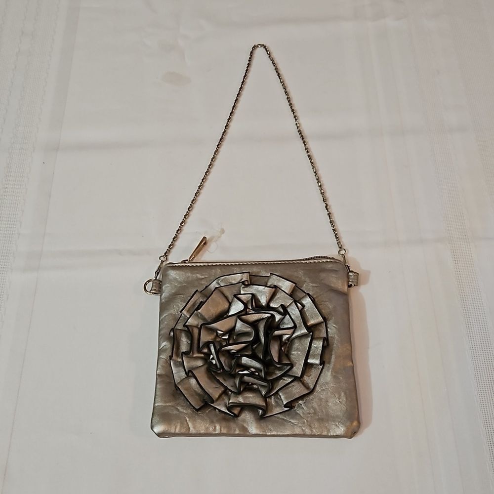 NWOT Sax Silver Rosette 3D Floral Mini Crossbody & Clutch